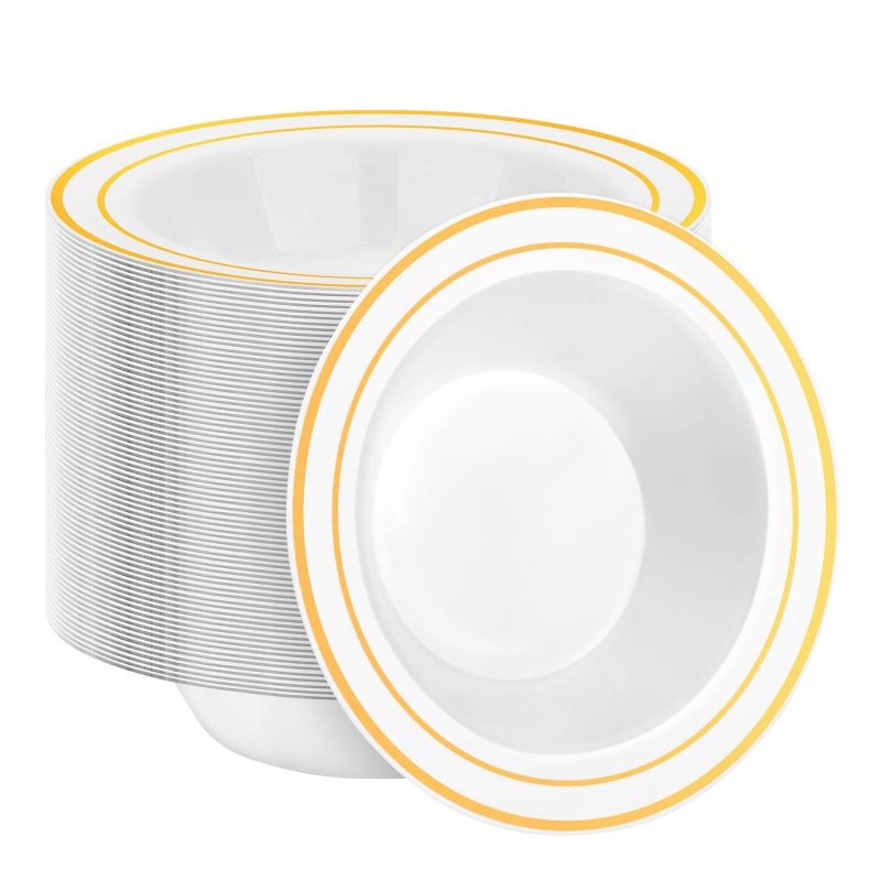 BESTSTAR 100 Pack Disposable Soup Bowls with Gold Rim 12oz Premium Heavy Duty Plastic Dinner Bowls for Party Wedding and Holiday
